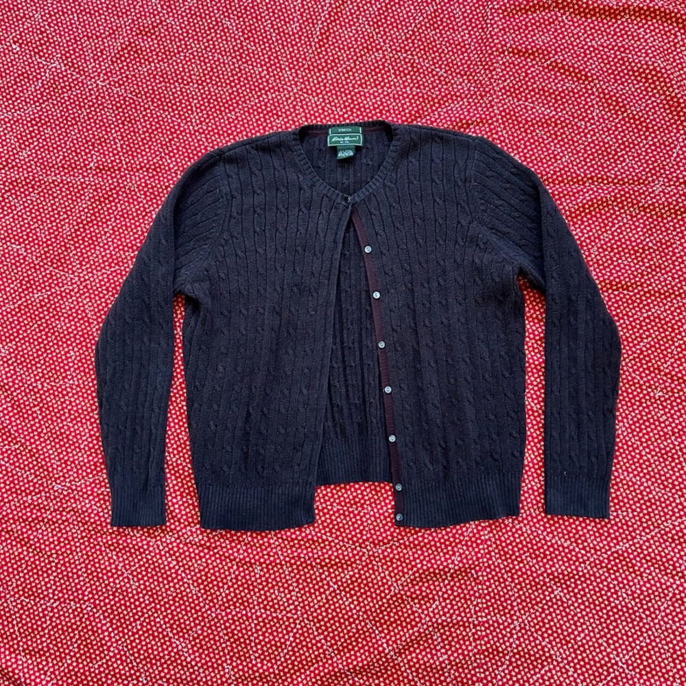 Eddie Bauer Womens Large Brown Cable Knit Stretch Cardigan Sweater Cotton Blend